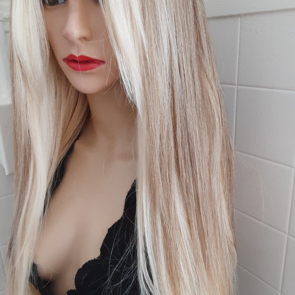Blonde and ash blonde mix lace front wig straight  money piece hair highlights, - Picture 6 of 11